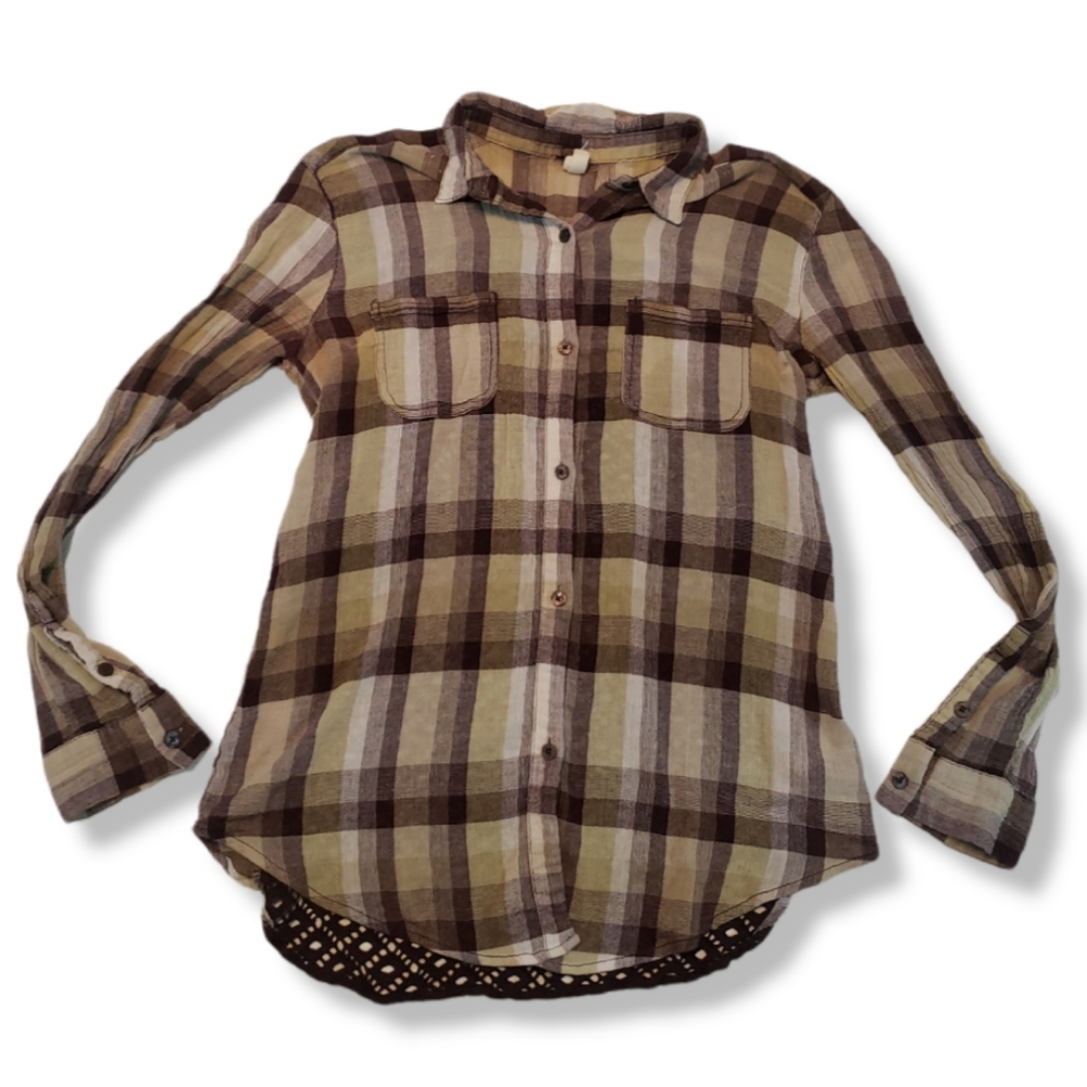 Free People Top Size Small Long Sleeve Plaid Button Down Shirt Crochet Open Back - Picture 1 of 6